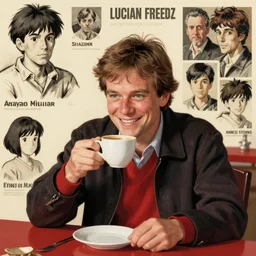 agent dale cooper from twin peaks smiling and enjoying coffee, by lucian freud and drew struzan, hayao miyazaki, makoto shinkai, takashi takeuchi, by anne stokes and larry elmore, 5 0 s aesthetic, detailed, cream red and black colour scheme