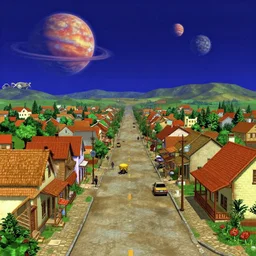 wide view of the main street in a small colony on a strange planet, from a Lucasarts graphic adventure game made in 1998