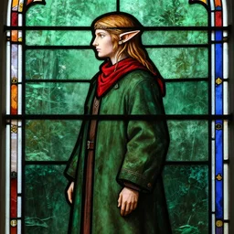 side - view portrait of the elf iorveth, long green coat, red bandana, tenth century stained glass window, green background, very masterful
