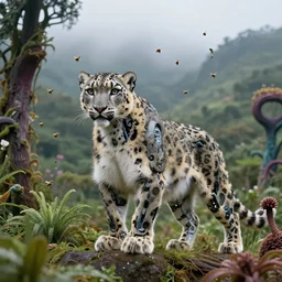 nature photography of cyborg snow leopard in a mountain kerala bees flying in the air, there are detailed vegetation and strange plants, the image emotes feelings of power, award winning 4 k hdr photography