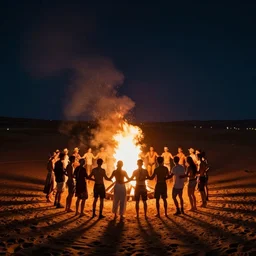 stunning night photograph of ravers in the desert around a fire circle, hugging