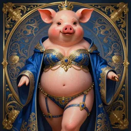 miss piggy as a goddess, passionate, sweaty, intricate dressed in ornate blue robes and garter, lovely, intricate, highly detailed, digital painting, artstation, symmetrical, concept art, smooth, sharp focus, illustration, unreal engine 5, 8 k, art by artgerm and greg rutkowski and alphonse mucha