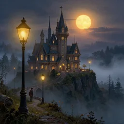 victorian fantasy city on a hilltop at night time with old style gas lamps and a glowing sun rising over the misty forest. detailed, painterly, realistic and cinematic with an art deco style by mandy jurgens and beeple