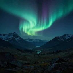 landscape, nigh time, mountains, northern lights, nightcore, aesthetic global illumination 8 k ultra hd in artstyle of finnian macmanus, john park, greg rutkowski and syd mead, concept art unreal engine octane render