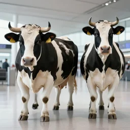 cinematic airport photo of part man part dairy cow genetic mix humanoids mancow and cowman wearing suit holding boarding pass giger sorayama alex ross style at the airport trending photo portrait