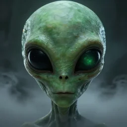 alien with large black eyes and a very long forehead. green semitransparant cloudy lightly glowing eyes. high quality photorealistic octane render 4 k raytraced, hyperrealism, 2 0 2 2, volumetric fog, subsurface scattering, scary, unnerving, serious, dark, fear, concept art in the style of chris foss