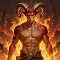 portrait of a beautiful young fit male demon with ram horns, scaly skin covered in occult tatoos, flaming scene, by greg rutkowski and alphonse mucha, d & d character, gradient red to yellow, in front of an hellish landscape background, highly detailed portrait, digital painting, artstation, concept art, smooth, sharp focus ilustration, artstation hq