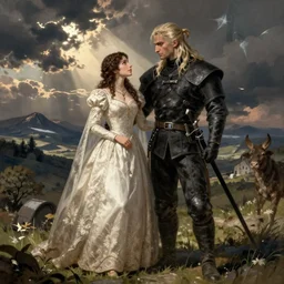 a detailed illustration of Geralt of rivia marrying yennefer in the style of moebius