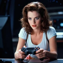 a still of a pin up girl playing with a PS4 controller, in the movie 2001 A Space Odyssey, cinematic lighting, 4k HDR