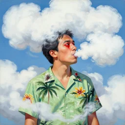 greg manchess painting of a man in a hawaiian shirt surrounded by clouds of fluffy white marijuana vapor, with bloodshot eyes, medium shot, asymmetrical, profile picture, organic painting, sunny day, matte painting, bold shapes, hard edges, street art, trending on artstation, by huang guangjian and gil elvgren and sachin teng