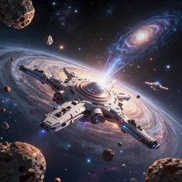 magical bright and chaotic spaceship fleet, asteroids belt, stars, galaxies, surrealism in universe hyper realistic clean dusk psychedelic details realistic lighting volumetric lighting floating particle effects sci fi octane render trending on Artstation, by Moebius