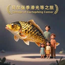 an oversized carp is standing on its tail next to a smiling family. abandoned creepy house is in the background. polaroid photo, dark greenish lighting, moody