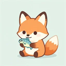 minimalistic cute fox eating a fish, 2 d render, pastel
