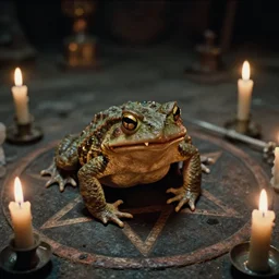 a toad with sharp teeth grinning maniacally, a satanic ritual with candles and a pentagram, movie screenshot directed by Roman Polanski. Shot from a high angle. Cinematic. 24mm lens, 35mm film, Fujifilm Reala, f8