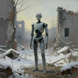 a lonely human like robot wearing a tight - fitting suit in the middle of over grown ruins, soft wintry light, painting by de chirico and hopper