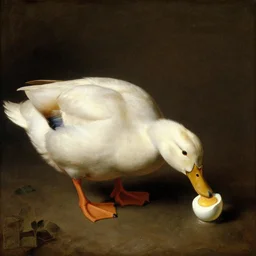 renaissance oil painting of a duck eating a hard boiled egg