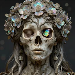goddess portrait. close up. the sprout of the tree of life has blossomed beautiful iridescent flowers with butterfly wings sprouting from the eye socket of a charred skull. Intricate artwork by Aubrey Beardsley and dan mumford and beeple | iridescent. octane render, trending on artstation, greg rutkowski very coherent symmetrical artwork. cinematic, hyper realism, high detail, octane render, 8k, depth of field, bokeh