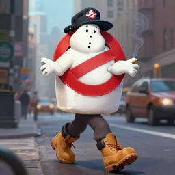 the ghostbusters marshmallow man wearing timberlands and a yankee hat smoking a joint walking threw new york city, highly detailed portrait, digital painting, artstation, concept art, smooth, sharp foccus ilustration, artstation hq