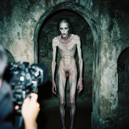 creepy, incredibly tall, skinny and pale creature lurking in the catacombs captured on film camera