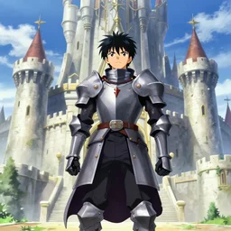 A confident male knight standing in front of a giant fantasy castle in the style of Fate/Zero by Ufotable, full colour, zoomed out, low perspective, anime style