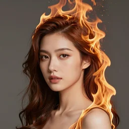 portrait of a moderately beautiful woman, hair made of fire, flames instead of hair, medium shot, digital art, volumetric lighting, highly detailed, by tom bagshaw,