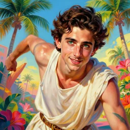 Timothee Chalamet as Antinous in ancient Greece, intense painting, sunny, tropical, +++ super supper supper dynamic pose,  digital art, +++ SFW(SAFE FOR WORK) +++ quality j.c. leyendecker, limited edition, shiny, ++++, thick eyebrows, masculine appeal high fashion, GREEN EYES, GREEK CLOTHES, closeup, important, smirking, palm trees, tropical flowers, colorful, surrealism art, modern