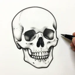 drawing of a skull, pen, black lines, clean, white background, traditional, tattoo