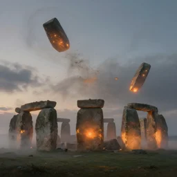 masterpiece painting of glowing stonehenge pieces scattered flying high in the air, wrapped in swirling fog, dust particles, chaotic, dynamic, dusk, concept art, by greg rutkowski