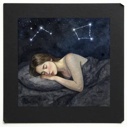 watercolour painting a sleepig woman on a dark beautlful starry night, constellation by charles vess on black matte very textured worn paper