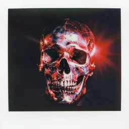 analog vintage photography portrait polaroid of a chrome human skull, red color bleed, heavy film grain, bloom, glow