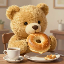 happy fluffy goldn teddy bear eating large bagel for breakfast, detailed 4 k painting