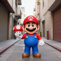 super mario as a drug dealer selling a super mushroom in the alleys of los angeles, super mario in real life, red hat, blue overalls, mario is holding a mushroom in his palm, canon eos r 3, f / 1. 4, iso 2 0 0, 1 / 1 6 0 s, 8 k, raw, unedited, symmetrical balance, wide angle