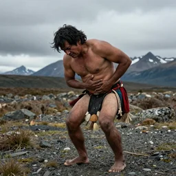 Selknam man with corporal pain during the Hain Ceremony in Tierra Del Fuego in 1923, unreal 5, hyper realistic, realistic, photo realistic, dynamic lighting, highly detailed, cinematic landscape, studio landscape, studio lighting