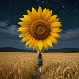 huge sunflower face, girl walking in wheat field, hills, surreal photography, dark night, star trails, dramatic light, impressionist painting, clouds, digital painting, artstation, simon stalenhag