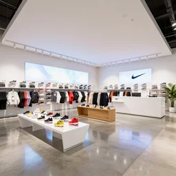 architectural photography, 8 k, realistic lighting, reflections, bloom, hyperdetailed environment, pbr materials. large nike boutique flagship retail. white walls. polished concrete floor. display tables with colorful shoes and varied clothes. bright digital screens on walls. low ceilings with downlights and spots. white corian and oak furniture. impressive counter. ( ( plants ) )