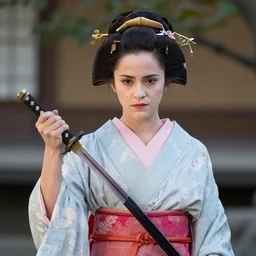 Emma Watson as a geisha, holding a katana