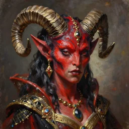 painted close - up portrait of a very attractive red - skinned intimidating demon xenomorph queen with ram horns! oil painting, wearing a noblewoman's outfit, fantasy art by john singer sargent and gaston bussiere and james jean and greg rutkowski, demon noble character design, hd
