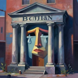bank of the cry,in the style of Naohisa Inoue and Angus McKie,trending on artstation, atmospheric closeup view street art , cubism , concept art, Pixar , divisionism
