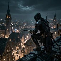 An assassin on a rooftop looking for his target in a city, medieval-fantasy inspired, night, lively city, lights, incredible detail, upscaled, 8k resolution, dark atmosphere, crouched pose