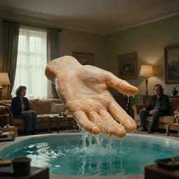 a giant hand made of wax and water floats through the living room, film still from the movie directed by denis villeneuve and david cronenberg with art direction by h. r. giger and bernie wrightson