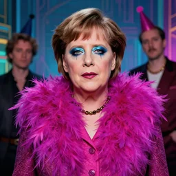 portrait of glamor greek god | angela merkel! | feather boa | ( ( ( ( clown ) ) ) ) | asylum background | highly detailed | very intricate | professional model | cinematic lighting | painted by donato giancola and mandy jurgens and charlie bowater | bold colors, artdeco, art deco synthwave anime aesthestic, 8 0 s nostalgia | artstation