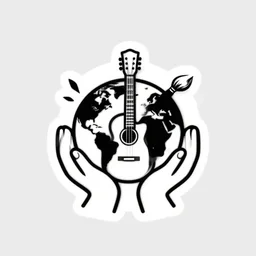 a creative logo of hands around earth with guitar and paint brush, simple lineart, black and white, vector