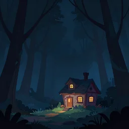 cold dark night, alone small house in forest, pixar and disney animation, science fiction, cyberpunk, vector art disney concept art illustration, dynamic lighting