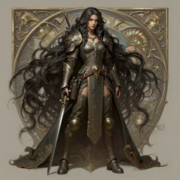 full body photograph of female soldier with extremely long hair, deep focus, intricate, elegant, highly detailed, digital painting, artstation, concept art, matte, sharp focus, illustration, d & d, fantasy, hearthstone, art by artgerm and greg rutkowski and alphonse mucha