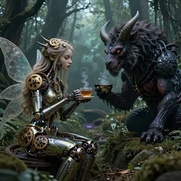 intricate mechanical fairy with visible gears having tea with a cyborg demon in a magical forest, having tea with a giant minotaur. Very detailed 8k. Fantasy cyberpunk horror. Sharp. Cinematic post-processing