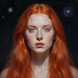 stunning portrait of a goddess of space, pale redheaded. light coming from down. realistic, unsymmetrical face. art by bowater charlie, mark brooks, julie bell, arian mark, tony sandoval