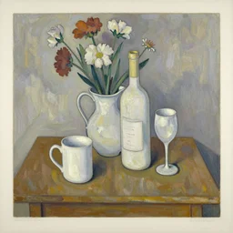 an oil painting on paper of a still life, with a white mug, white wine bottle, wine glass, on a table, jug of flowers. in the style of cezanne, similar aesthetics to picasso.