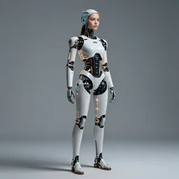 beautiful full body Fine art photography of a solarpunk half robot half human girl with real human face, linear lights over body, highly detailed, photorealism, studio lighting 8k