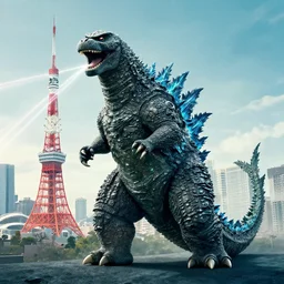 barney the dinosaur stars in the new godzilla movie as godzilla, shooting lasers from his mouth at tokyo city, movie poster, blockbuster film, promotional