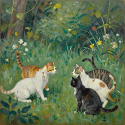 cats playing in a garden, by david lynch and alfred pellan, oil on canvas